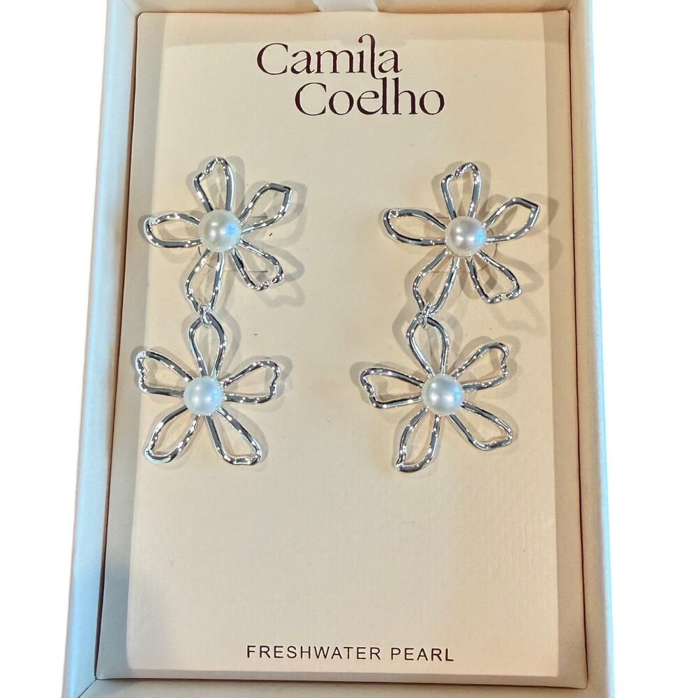 Camila Coelho Silver Openwork Flower Freshwater Pearl Drop Earrings NIB